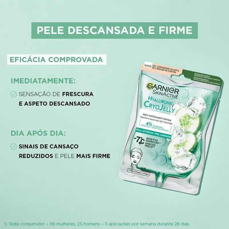 Garnier Tissue Mask Hyaluronic Cryo Jelly -väsymystä lievittävä naamio väsyneelle iholle. 4 % glyseriiniä + mentoli + hyaluronihappo.