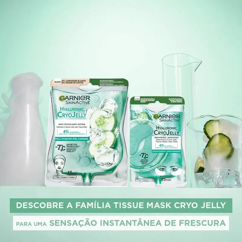Garnier Tissue Mask Hyaluronic Cryo Jelly -väsymystä lievittävä naamio väsyneelle iholle. 4 % glyseriiniä + mentoli + hyaluronihappo.