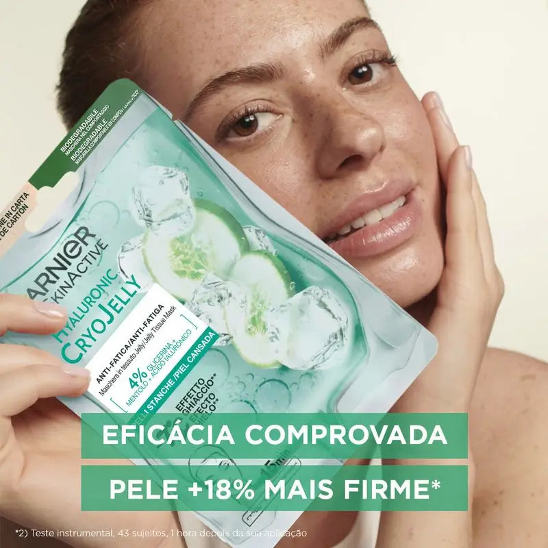 Garnier Tissue Mask Hyaluronic Cryo Jelly -väsymystä lievittävä naamio väsyneelle iholle. 4 % glyseriiniä + mentoli + hyaluronihappo.