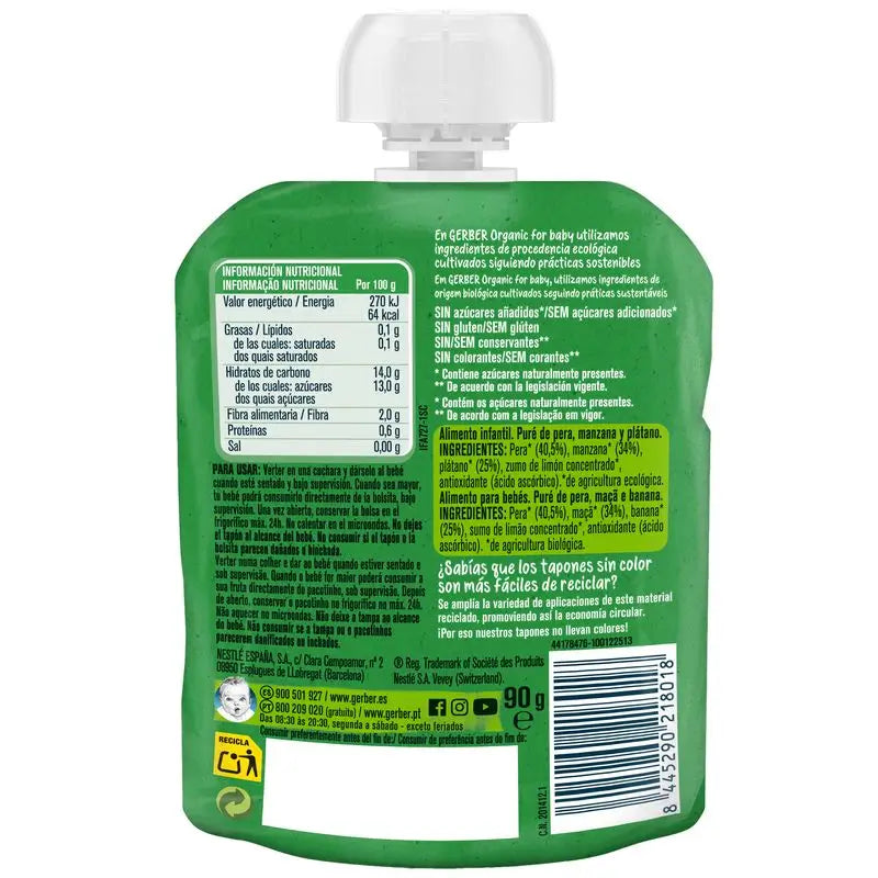 Gerber Pouch Organic Päärynä, Omena, Banaani, 90 g