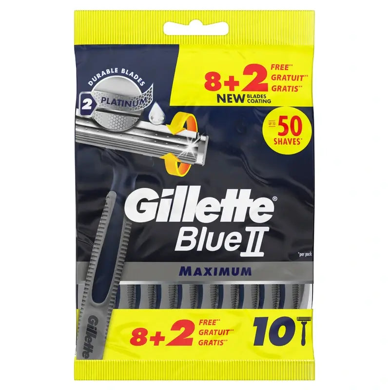 Gillette Blue II Max kertakäyttöiset partakoneet, 10 kpl, 2 terää ja liukastusgeeli