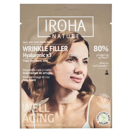 Iroha Nature kasvojen ja kaulan ryppyjä täyttävä kuitupyyhenaamio – kolminkertainen hyaluronihappo, 30 ml