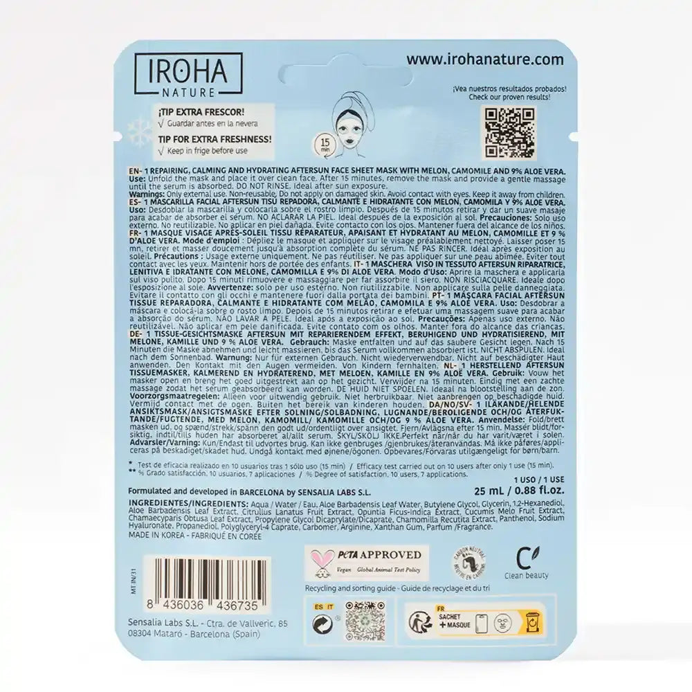 Iroha Nature Natural Extracts -kasvonaamio, joka hoitaa ihoa auringonoton jälkeen, 20 ml 
