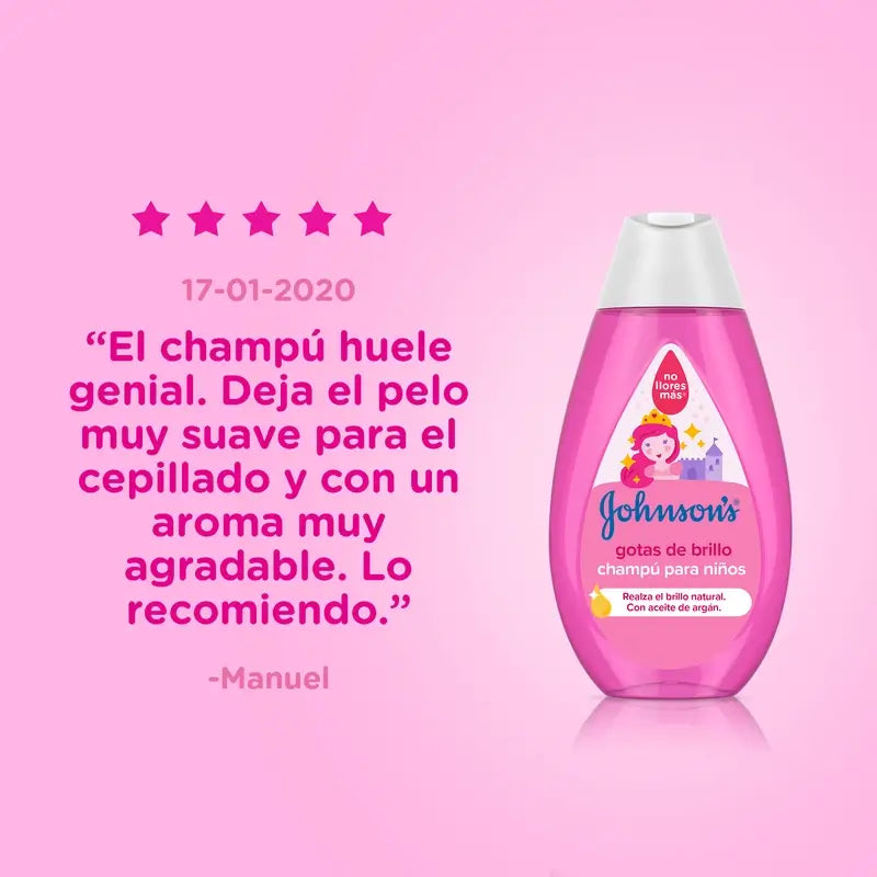 Johnson's Baby -shampoo lapsille, ”Gotas de Brillo”, argaaniöljyllä, kiiltävät, pehmeät ja silkkiset hiukset, 500 ml