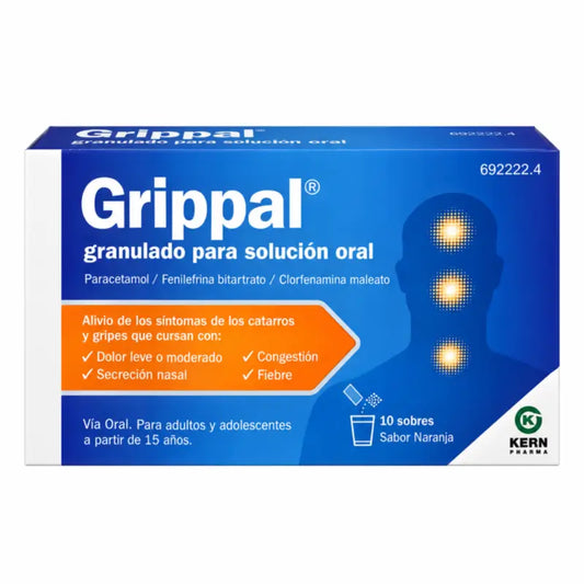 Grippal suun kautta otettava liuos, appelsiininmakuinen, 10 pussia, rakeet