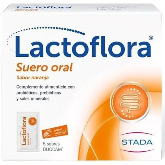 Lactoflora suun kautta otettava liuos, jossa on probiootteja, prebiootteja ja kivennäisaineita, appelsiininmakuinen, 6 pussia
