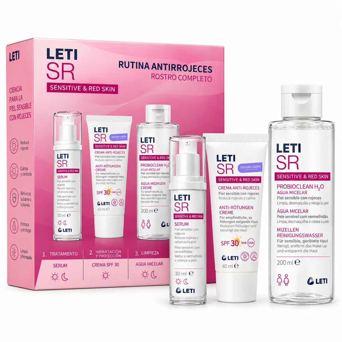 Leti SR Anti-Redness Routine Set: Micellar Water + Serum + Cream SPF30, 1 unit