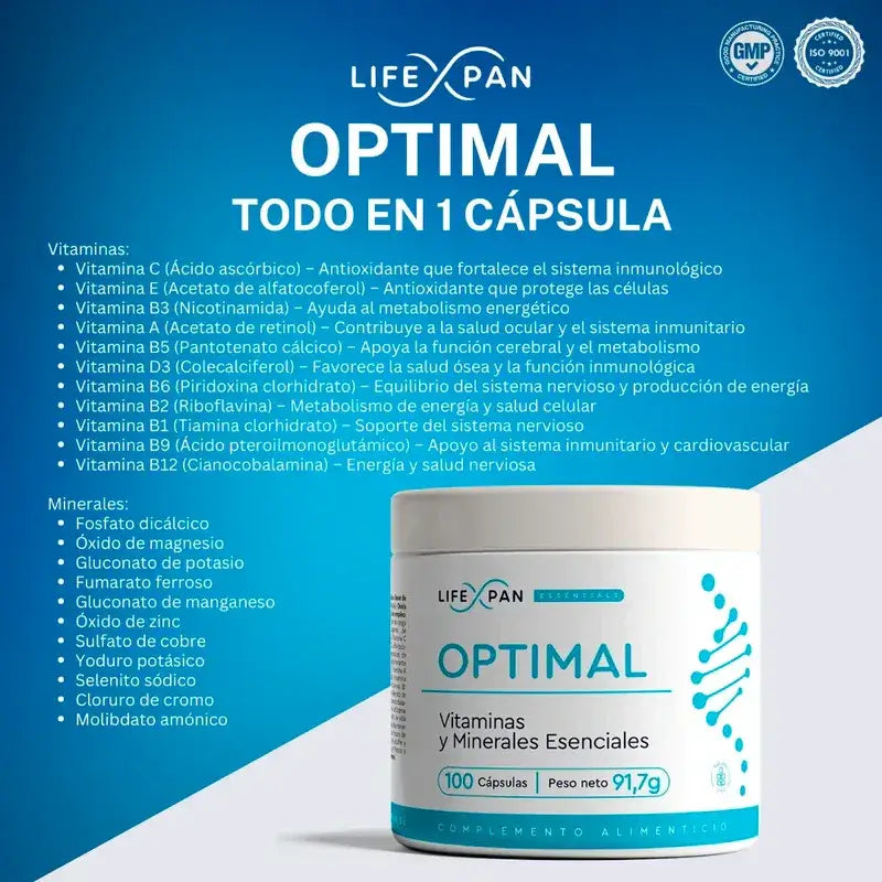 Lifexpan Optimal – välttämättömiä vitamiineja ja kivennäisaineita, 100 kapselia