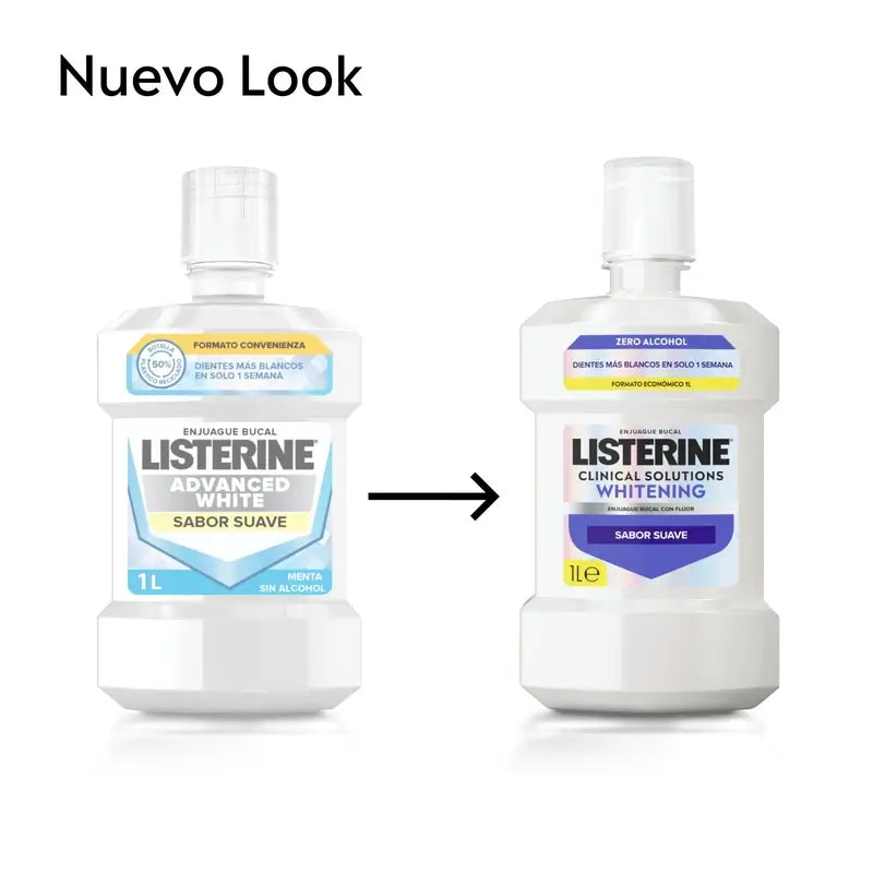 Listerine-suuvesi, Advanced White valkaisuaineella, mieto mintun maku, alkoholiton, 2 x 1000 ml:n pakkaus