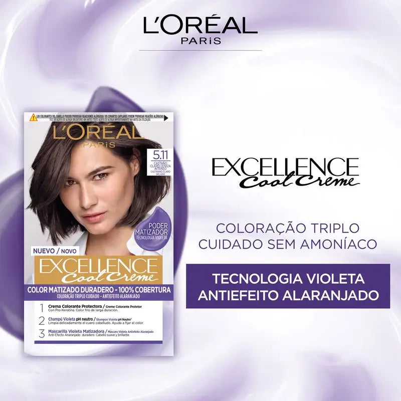 L'Oréal Paris Excellence Cool Creme pysyvä hiusväri – sävy 5.11 vaalea tuhkanruskea, voimakas