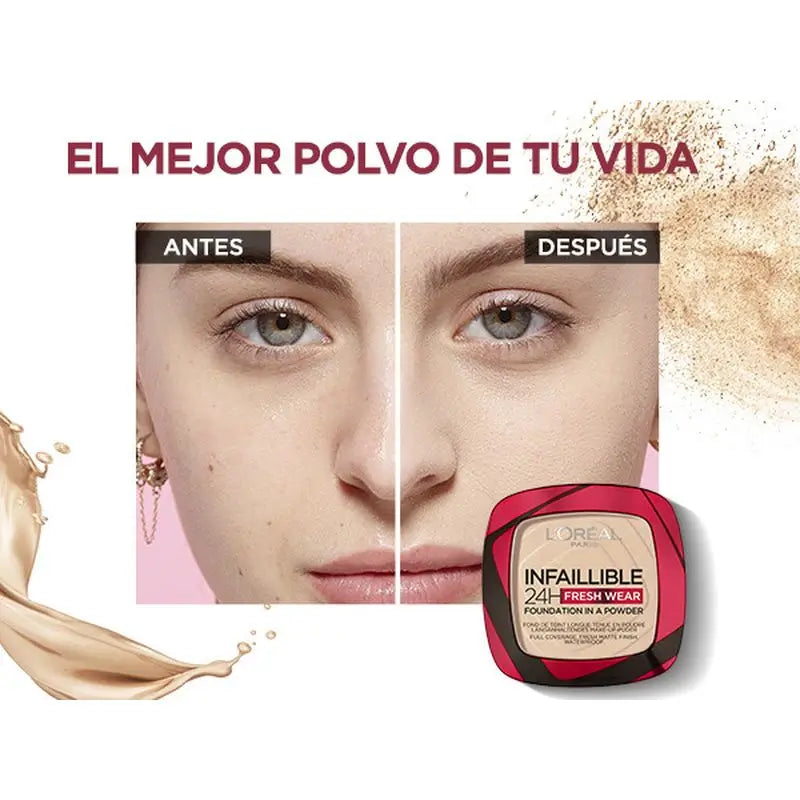L'Oréal Paris Infalible 24H pitkäkestoinen mattapintainen puuteri, sävy 140 Golden Beige, keskitummalle iholle