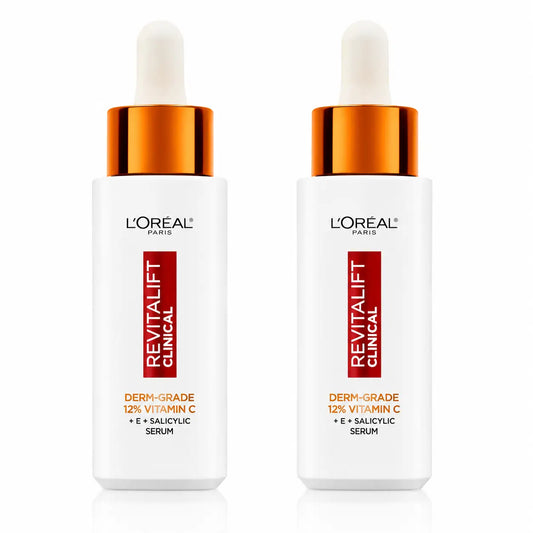 L'Oréal Paris Revitalift Clinical -seerumi [rypyt-ihonväri-huokoset] sisältää 12 % puhdasta C-vitamiinia + E-vitamiinia + salisyylihappoa, 2 kpl:n pakkaus
