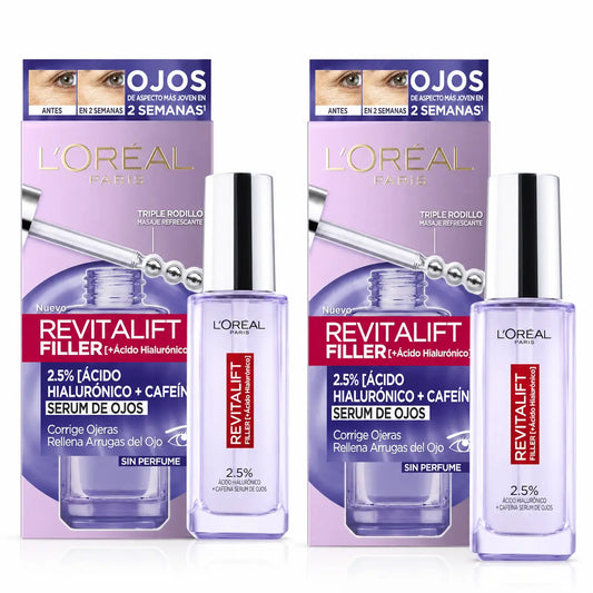 L'Oréal Paris Revitalift Filler -silmäseerumi: 2,5 % hyaluronihappoa ja kofeiinia, kolminkertainen roll-on, 2 kpl:n pakkaus