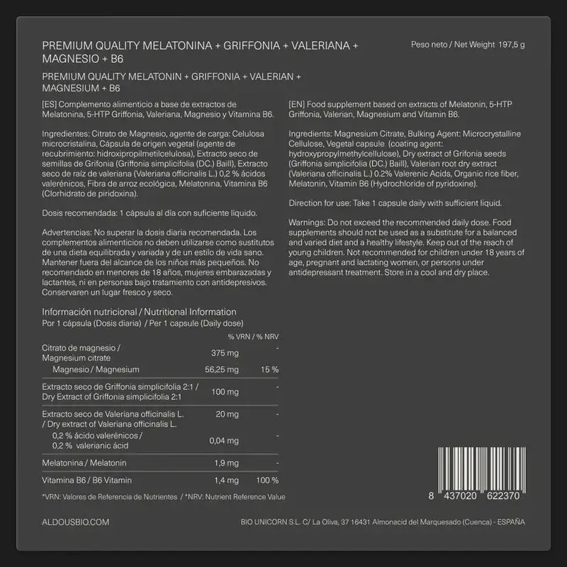 Aldous Labsin melatoniini, jossa on 5-HTP:tä, magnesiumia, valeriaanaa ja B6-vitamiinia