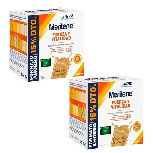 Meritene Fuerza y Vitalidad kofeiiniton kahvi, edullinen pakkaus, 2 x 30 pussia
