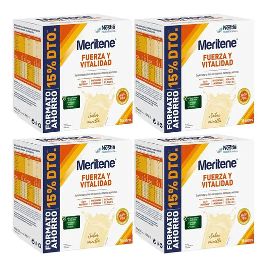 Meritene Fuerza Y Vitalidad Vanilja, edullinen pakkaus, 4 x 30 annospussia