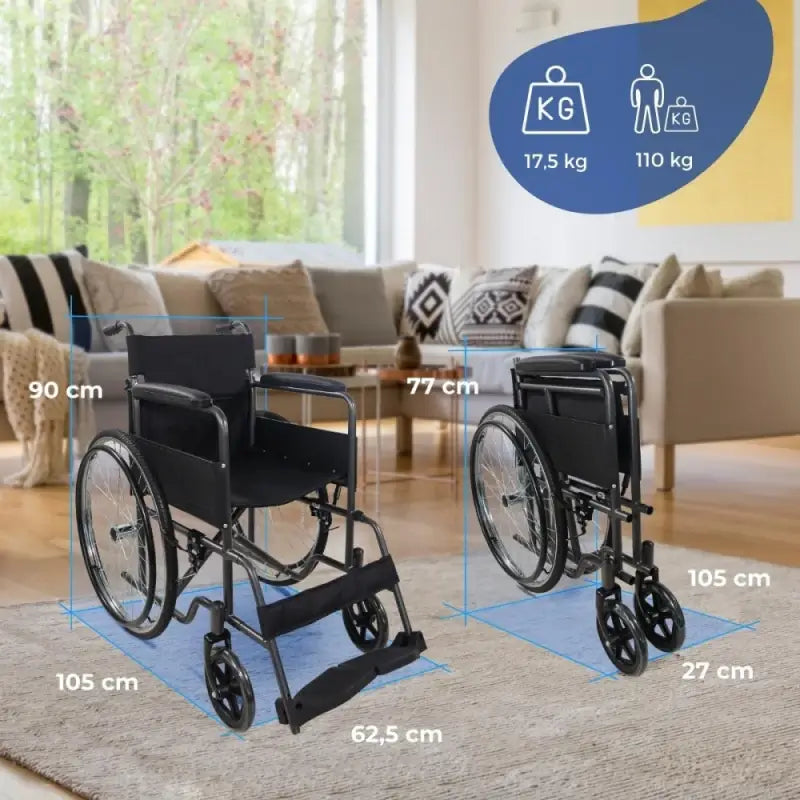 Mobiclinic taitettava pyörätuoli – irrotettava selkänoja ja jalkatuki – teräs – suuret pyörät – 46 cm – harmaa – Denver 