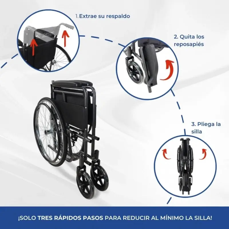 Mobiclinic taitettava pyörätuoli – irrotettava selkänoja ja jalkatuki – teräs – suuret pyörät – 46 cm – harmaa – Denver 