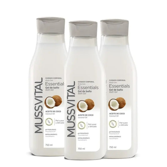 Mussvital Essentials -kylpygeeli, kookosöljy, 3 x 750 ml