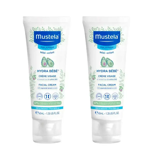 Mustela Hydra Bébé -kasvovoide, jossa on luomuaavokadoa, 2 x 40 ml:n pakkaus