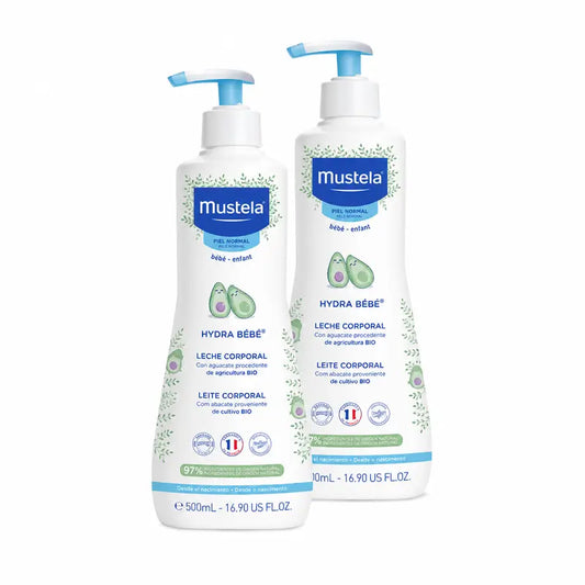 Mustela Hydra Bébé -vartalovoide, jossa on luomuaavokadoa, 2 x 500 ml:n pakkaus