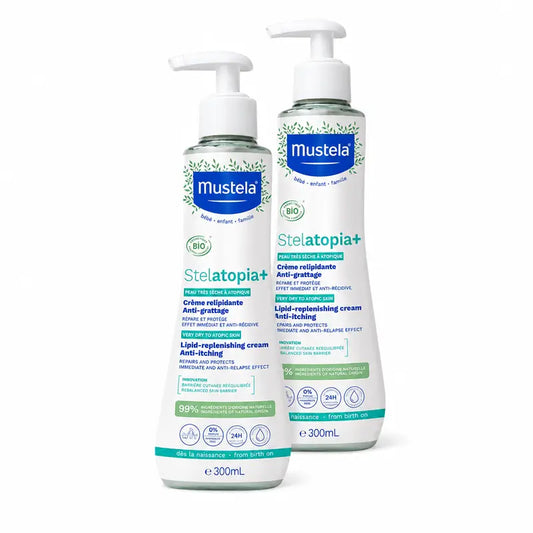 Mustela Stelatopia + kosteuttava voide, 2 x 300 ml:n pakkaus