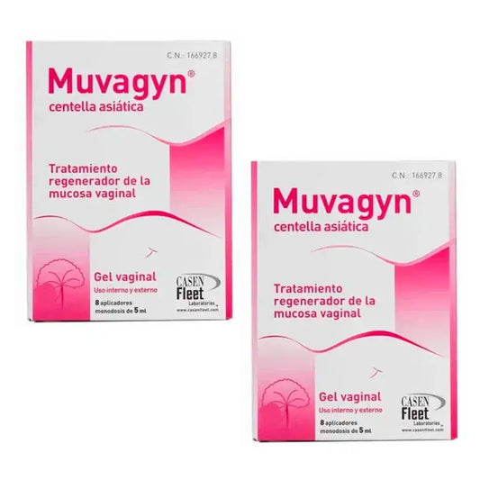 Muvagyn Centella Asiatica -emätingeeli, pakkaus sisältää 2 x 8 annostelijaa