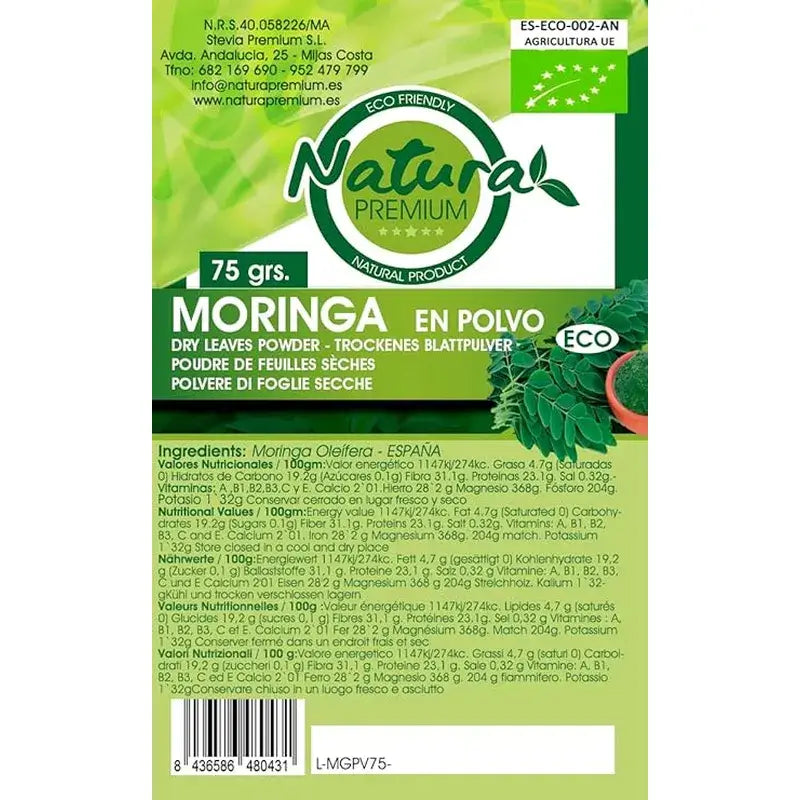 Natura Premium -orgaaninen jauhettu moringa, 75 g