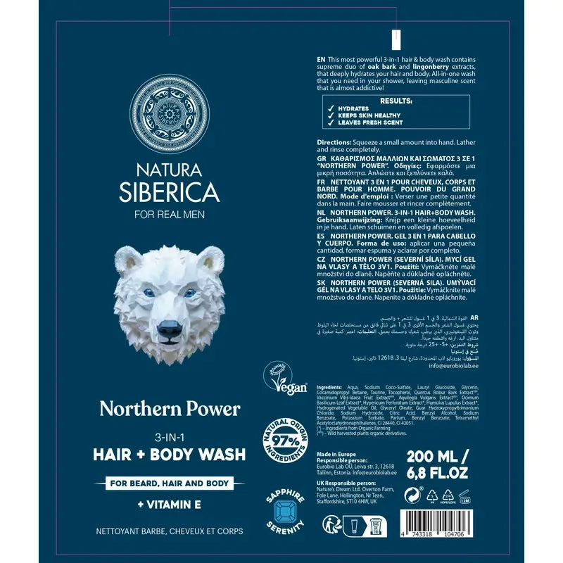 Natura Siberica Men Wild Arctic. 3-in-1-geeli hiuksille, vartalolle ja kasvoille, 200 ml