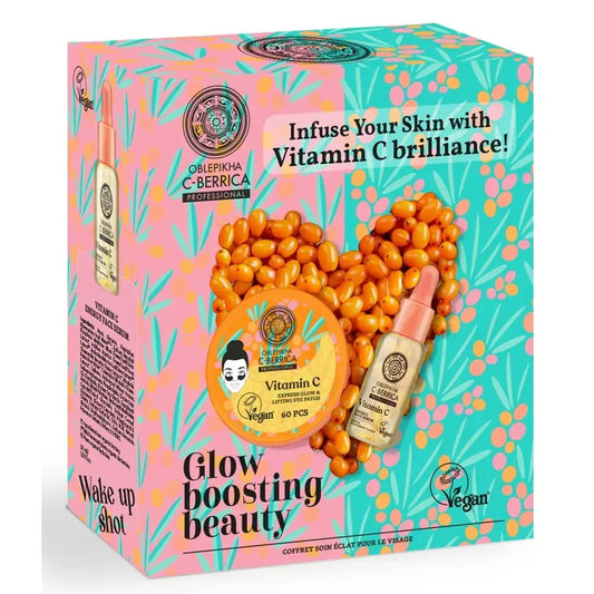 Natura Siberica Oblepikha Cberrica Glow Boosting Beauty -lahjasetti: silmänympäryslaastarit, 60 kpl + energisoiva seerumi, 30 ml 