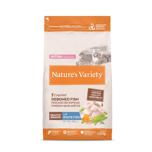 Nature'S Variety Healthy Grain Kitten -kissanpenturehu, jossa on valkoista kalaa, 1,25 kg