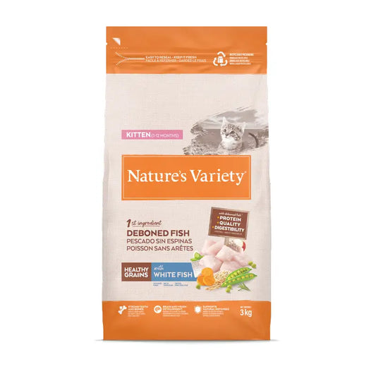 Nature'S Variety Healthy Grain Kitten -kissanpenturehu, jossa on valkoista kalaa, 3 kg