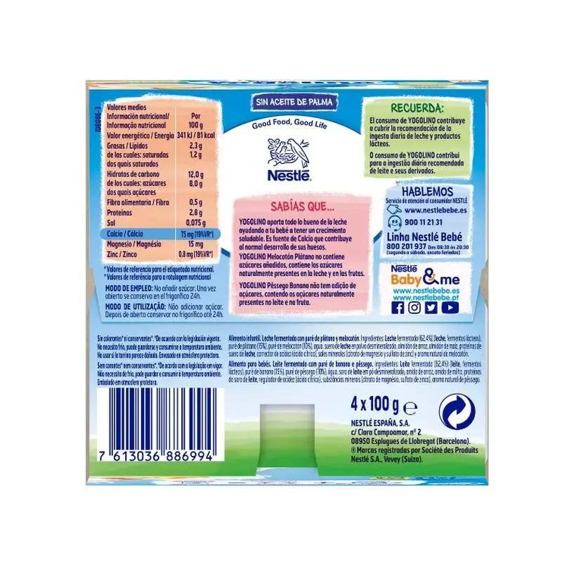 Nestlé Yogolino, persikka ja banaani, ilman sokeria, 4 x 100 g
