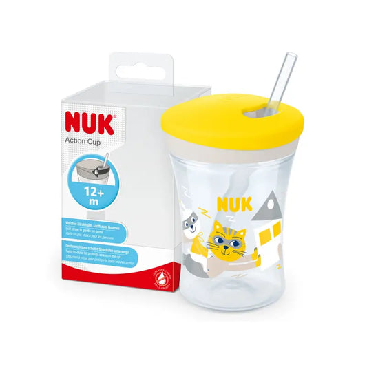 Nuk Action Cup -opetuskuppi +12 kuukautta, kissa (keltainen), 230 ml