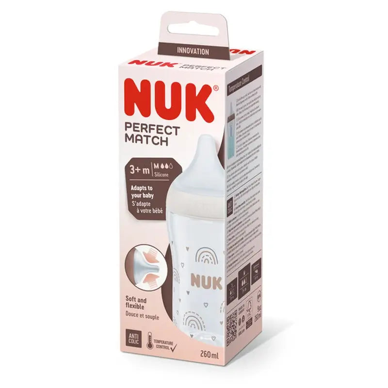 Nuk Perfect Match PP-silikonipullo 0–6 kk, virtaus M, sateenkaari, 260 ml