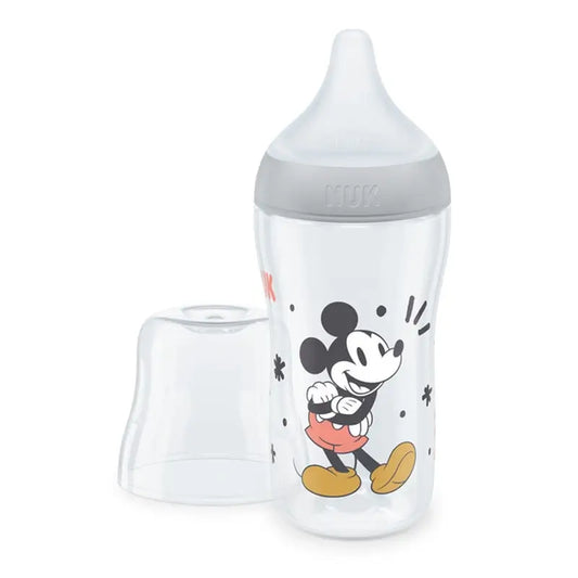 Nuk Perfect Match PP-silikonipullo 0–6 kk, virtaus M, Mikki Hiiri, harmaa, 260 ml