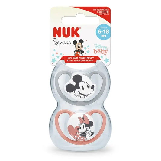 Nuk Space Mickey Mouse -tuttipullo, punainen, koko T2 (6–18 kuukautta), silikonia, 2 kpl
