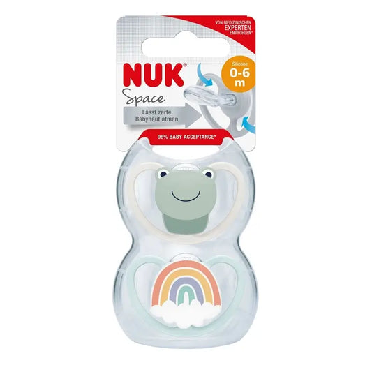 Nuk Space-tutti, sammakko/sateenkaari, koko T1, 0–6 kuukautta, silikonia, 2 kpl