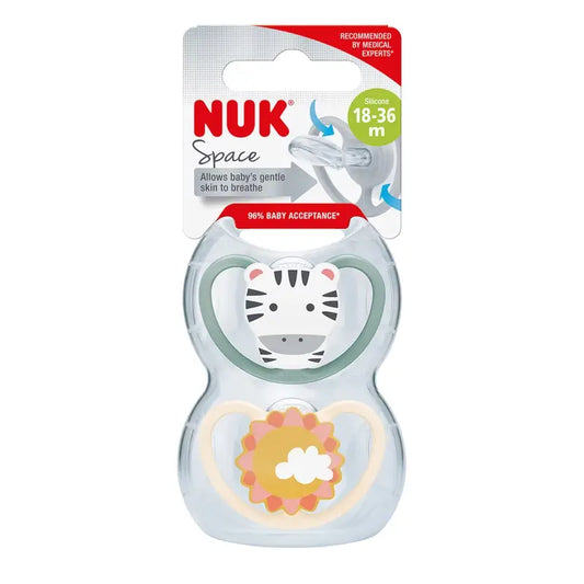Nuk Space Zebra/Sol T3 -tutti, 18–36 kuukautta, silikoni, 2 kpl