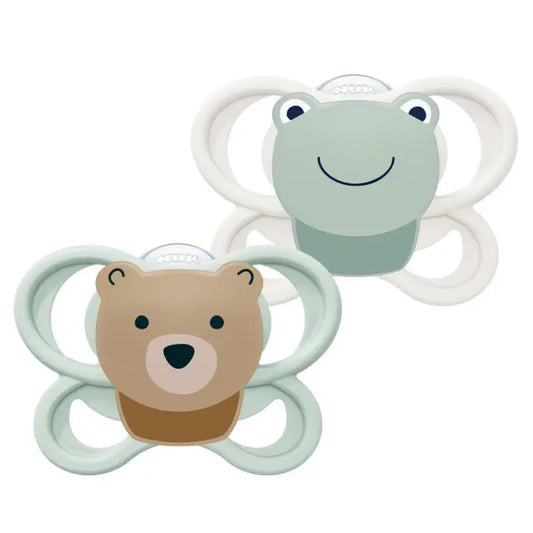 NUK Perfect Match Air -tutti, silikoni, koko T1, 0–6 kk, karhu/sammakko, 2 kpl