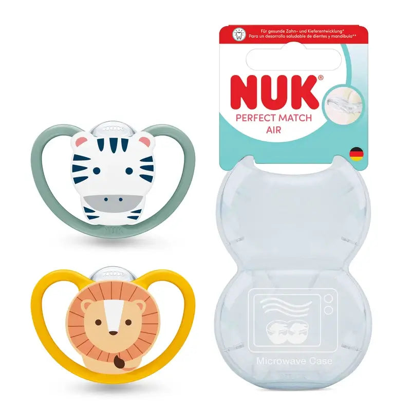 NUK Perfect Match Air -tuttisilikoni T2 6–18 kk, seepra/leijona, 2 kpl