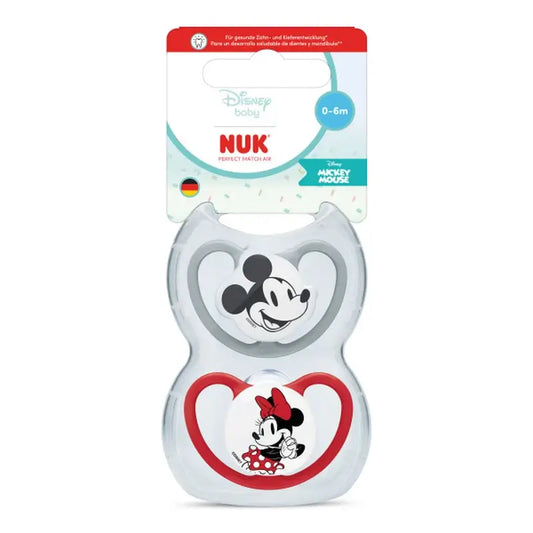 NUK Perfect Match Air -tutti, silikoni, koko T1, 0–6 kk, Mikki Hiiri, punainen/harmaa, 2 kpl