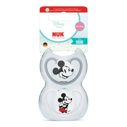 NUK Perfect Match Air -tutti, silikoni, koko T2, 6–18 kk, Mikki Hiiri, harmaa/valkoinen, 2 kpl