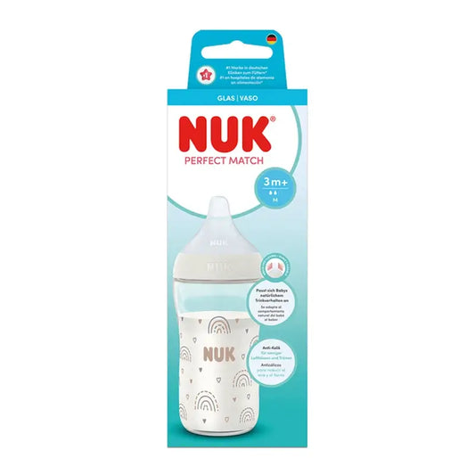 NUK Perfect Match -lasipullo 230 ml, M-kokoinen tutti 3 kuukautta+, sateenkaari