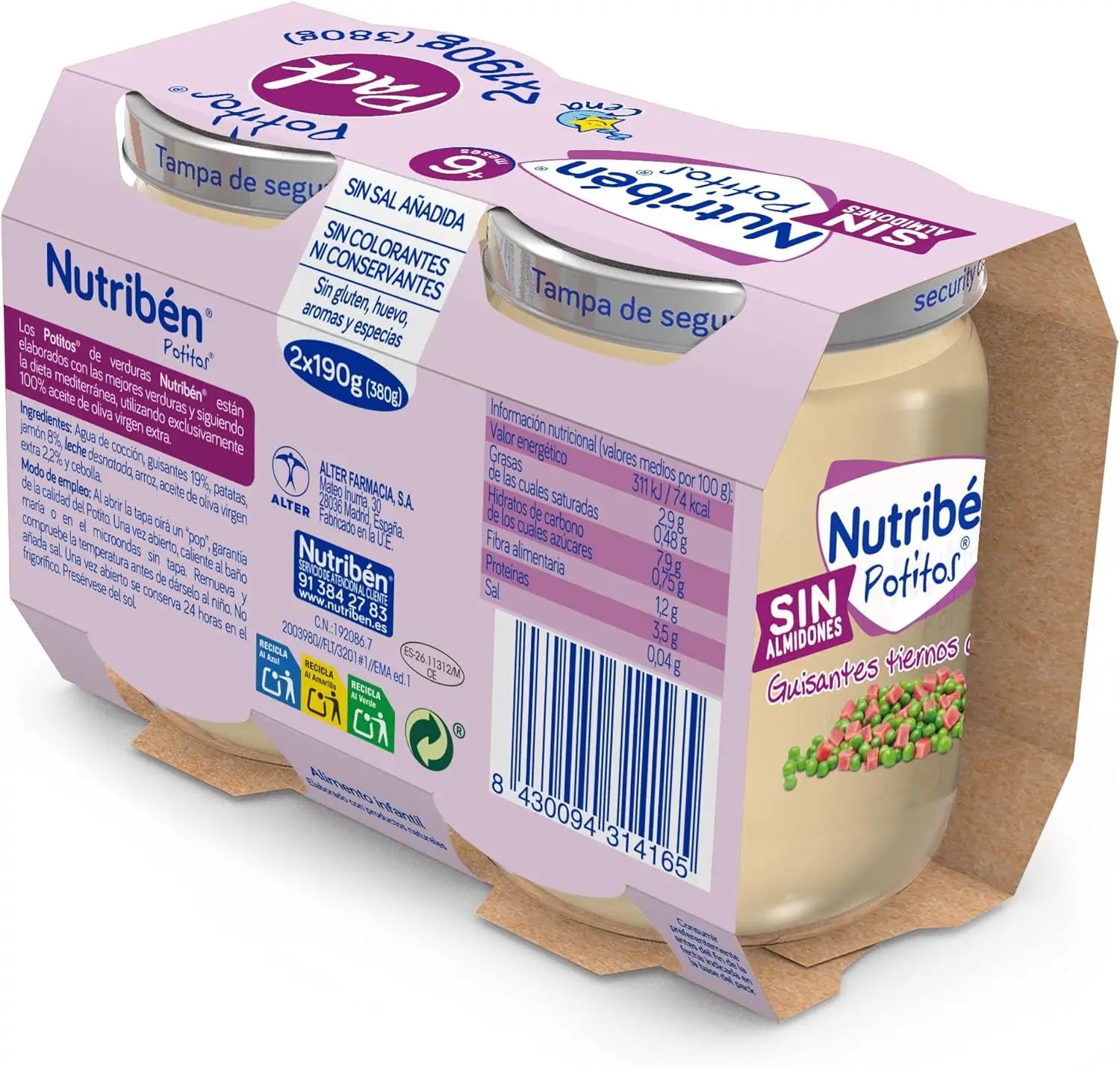 Nutribén Pack -sosepurkki: pehmeitä herneitä ja kinkkua, 2 x 190 g