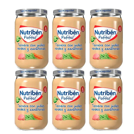 Nutriben - naudanlihapuré, jossa on vihreitä papuja ja porkkanaa, 6 x 235 g