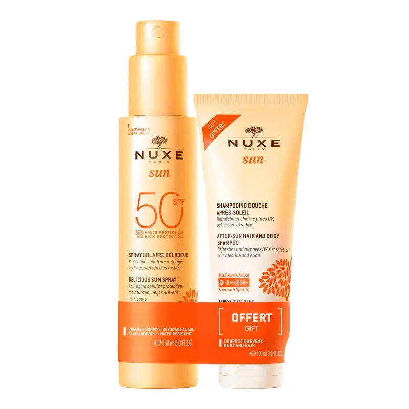 Nuxe Sun aurinkosuihke kasvoille ja vartalolle SPF 50 150 ml + After Sun -shampoo 100 ml