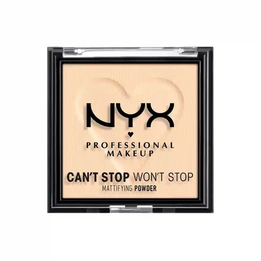 Nyx Can’t Stop Won’t Stop -ammattikäyttöön tarkoitetut mattapintaiset puuterit. Vaimentavat kiiltoa, epätasaisuuksia ja huokosia. Sävy 01 Fair, 6 g