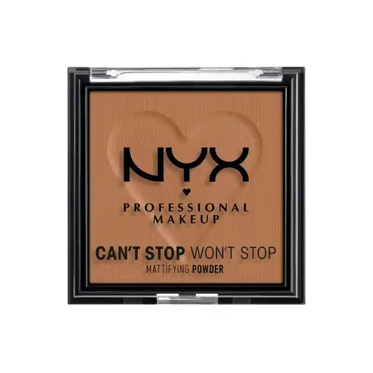 Nyx Can’t Stop Won’t Stop -ammattilaistason mattapulveri. Vaimentaa kiiltoa, epätasaisuuksia ja huokosia. Sävy 08 Mocha. , 6 g