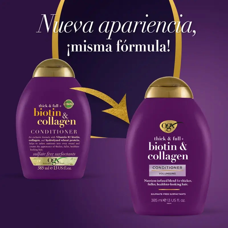 OGX Sulfaattivapaa hoitoaine, biotiini ja kollageeni, tuuheaa ja terveellistä hiuksia, 385 ml